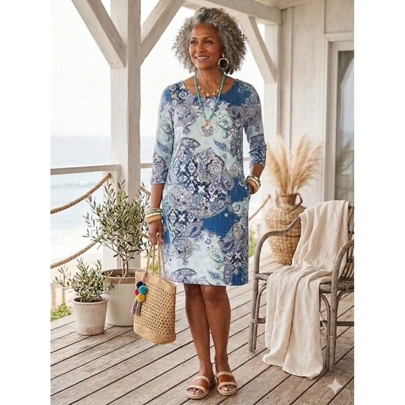 Chico's Dresses & Skirts - Chico's Paisley Print Shift Dress Blue Plus 20/22 3/4 Sleeve Coastal Boho Chic